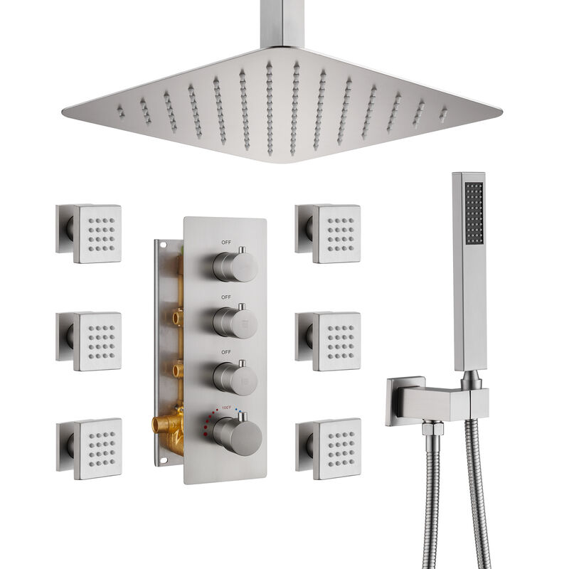 Mondawe 3 Functions Ceiling Mounted Thermostatic Shower System with 6 Body Jets and Rough-in Valve in Chrome
