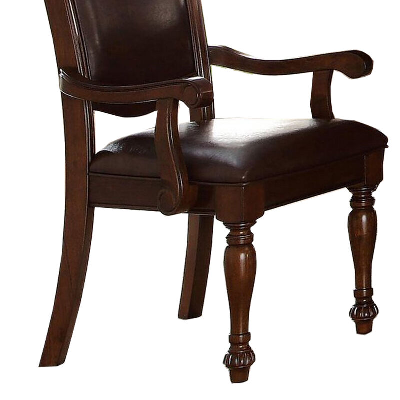 Traditional Style Wood & Leather Dining Side Arm Chair, Brown & Dark Brown, Set of 2-Benzara
