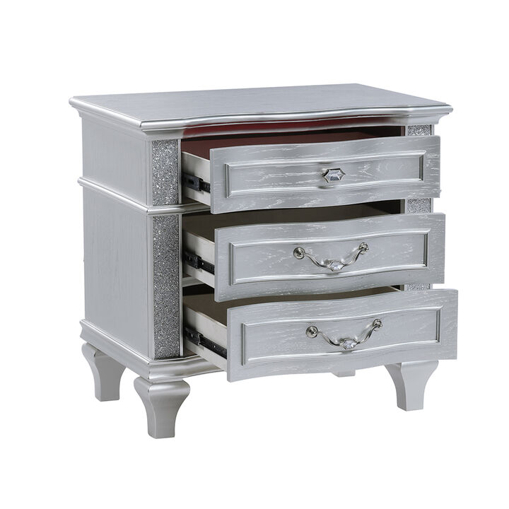 Mystic Glam Nightstand with 3 Drawers, Crystal Accents and Velvet-Lined Drawer