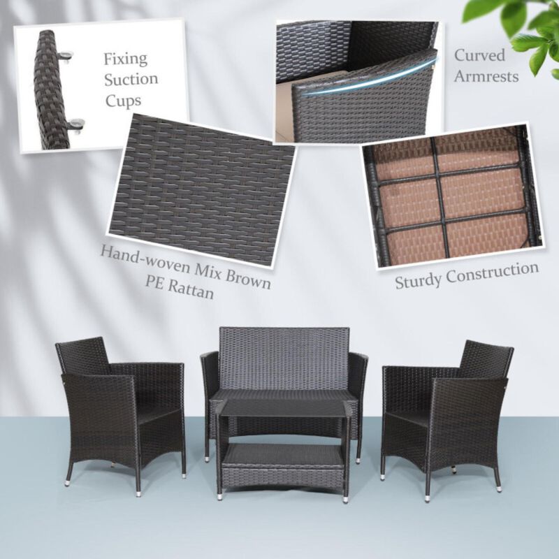 Hivvago 4 Pieces Patio Conversation Set with Soft Cushions and Tempered Glass Tabletop