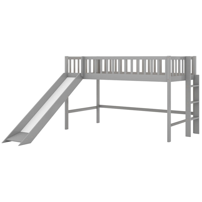 Whisen Twin Size Wood Low Loft Bed with Ladder and Slide - Gray