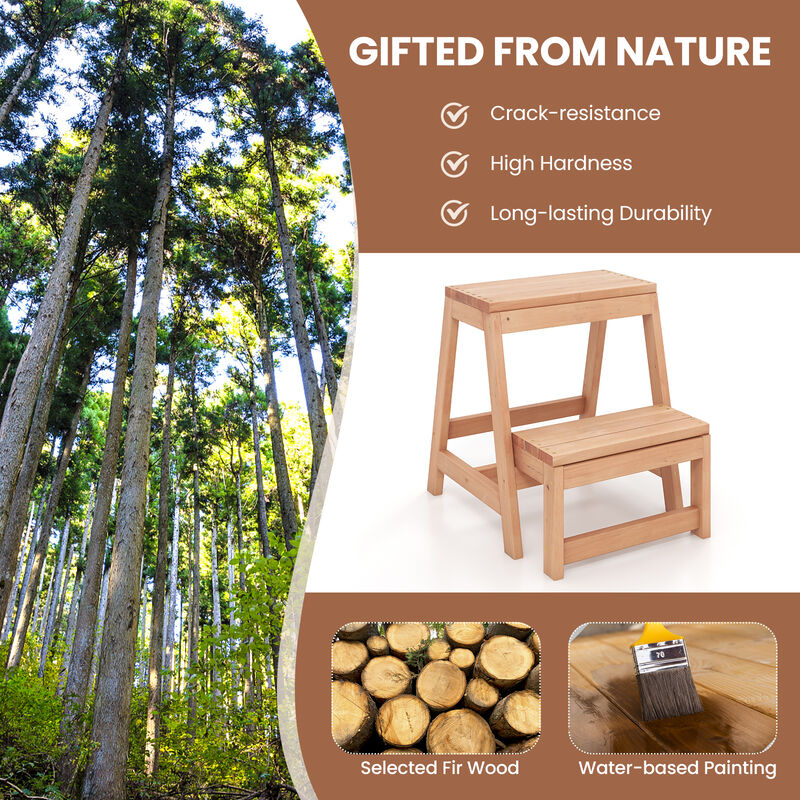 Multipurpose Wood Folding 2-Step Stool for Indoor Outdoor Plant Stand-Natural