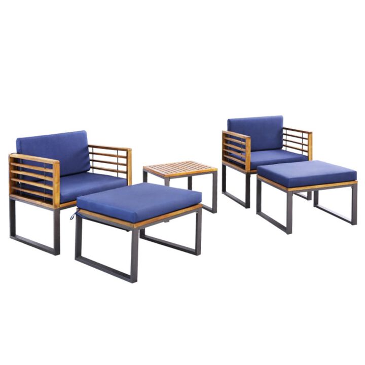 Hivvago 5 Piece Patio Acacia Wood Chair Set with Ottomans and Coffee Table