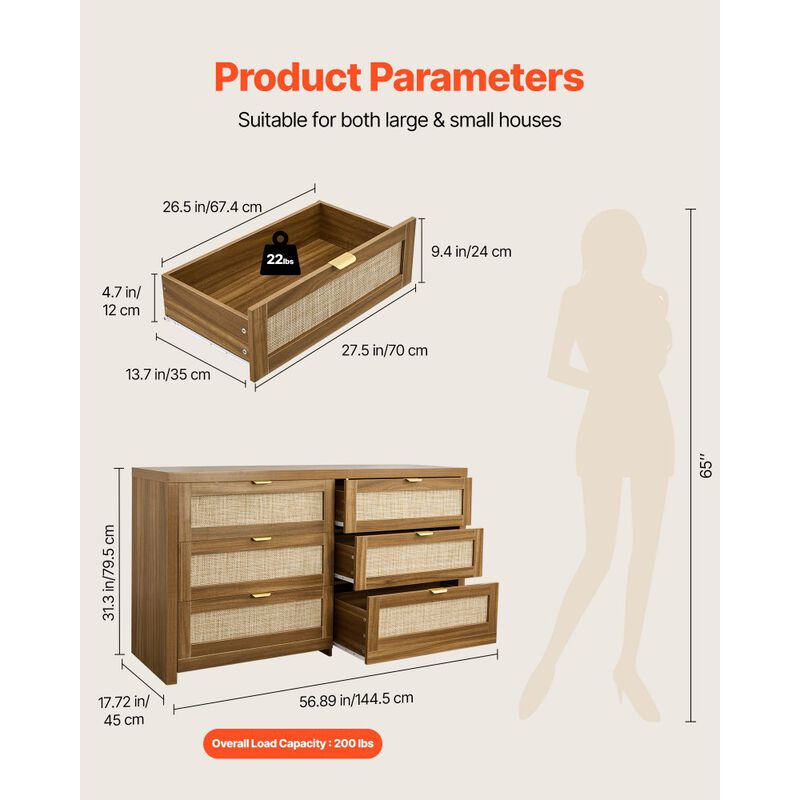 Modern Wood Rattan Dresser with 6 Drawers Clothing Organizer image number 2