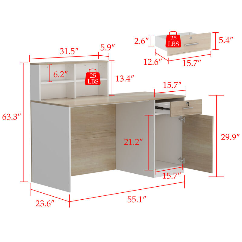 Rectangular White Wooden Computer Desk, Writing Desk with Drawer, 4 Shelves and A Container, 55.1 in.W-23.6 in.D