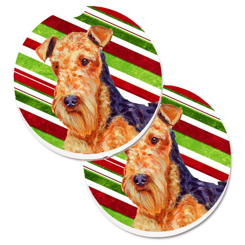 Caroline's Treasures Airedale Candy Cane Holiday Christmas Set of 2 Cup Holder Car Coasters LH9246CARC, 2.56, Multicolor image number 0