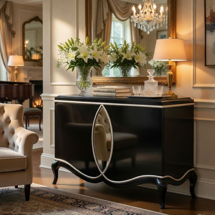 2 Door Cabinet Console, Mirror Trim Inlay, Scalloped Base, Black 50 Inch