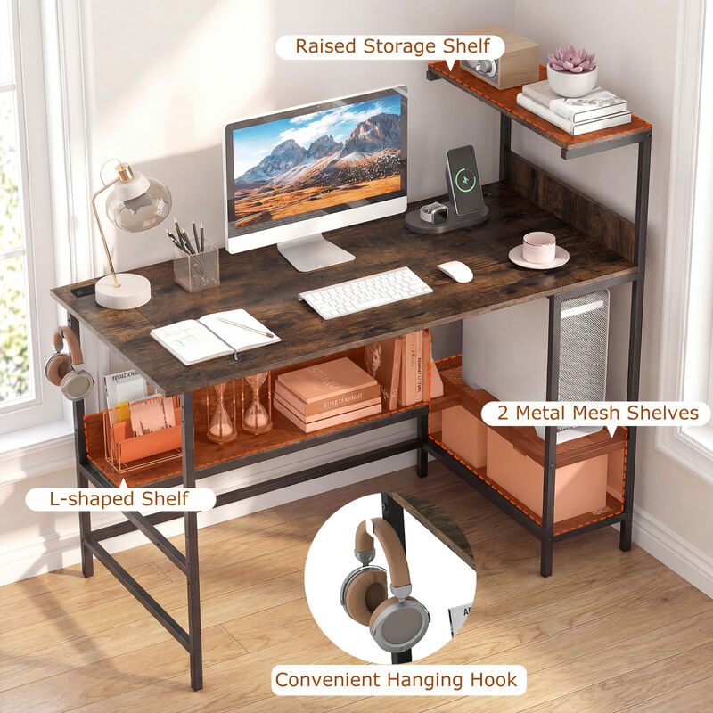 Computer Desk with Built In Power Outlets and Shelves for Home Office image number 7