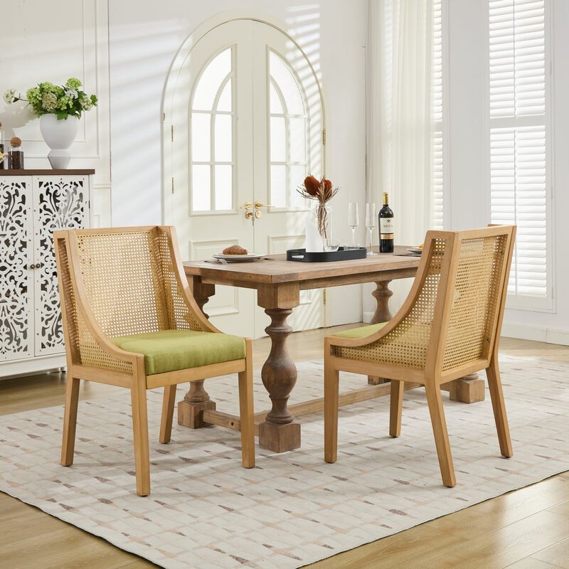 Whisen Rattan Dining Chairs, Solid Rubberwood Frame with Armrest, Linen Upholstered Seat, Set of 2 for Kitchen Living Room image number 1