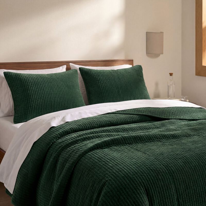 Stonewashed Green Cotton Velvet King Quilt Set image number 2