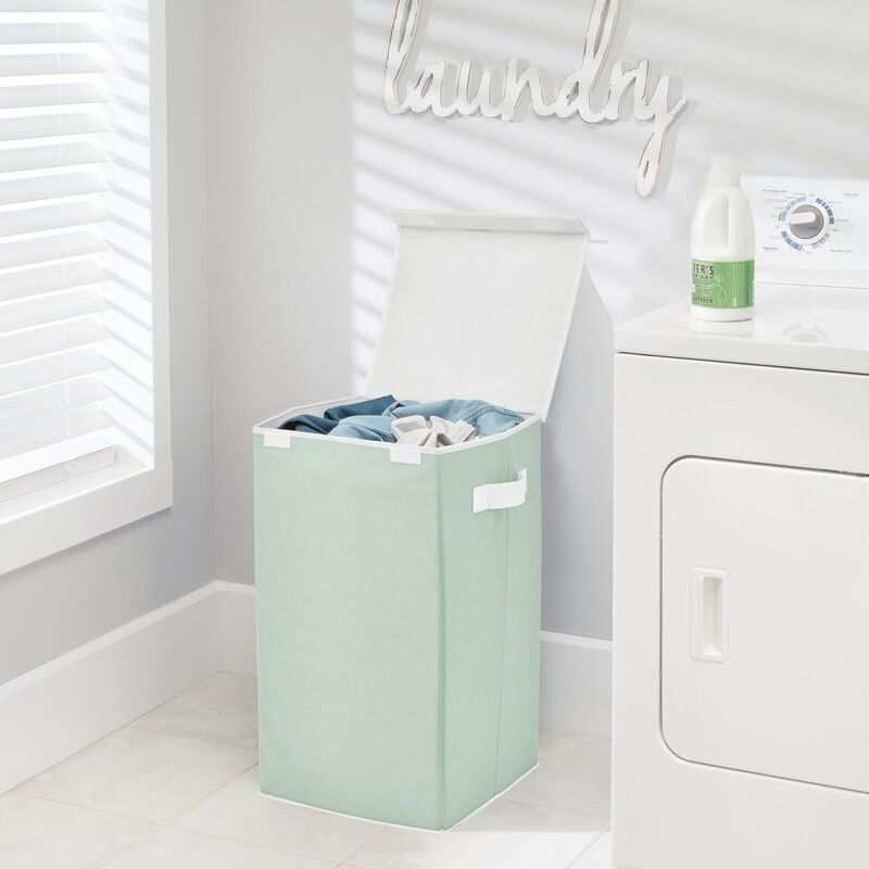 mDesign Large Upright Laundry Hamper, Hinge Lid and Handles - Mint Green/White image number 3