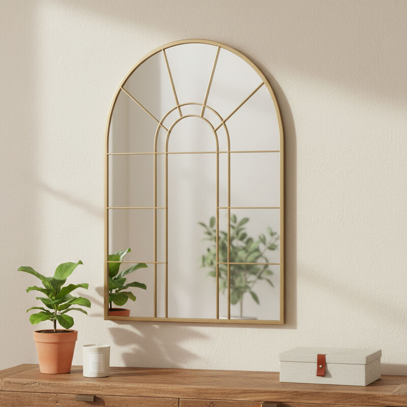 HomeRoots 41" Gold Arch Metal Window Pane Framed Accent Mirror image number 1