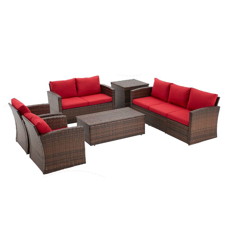 Mondawe 6-Piece Brown Wicker Outdoor Patio Conversation Set with Seat Cushions and 1-Storage Box