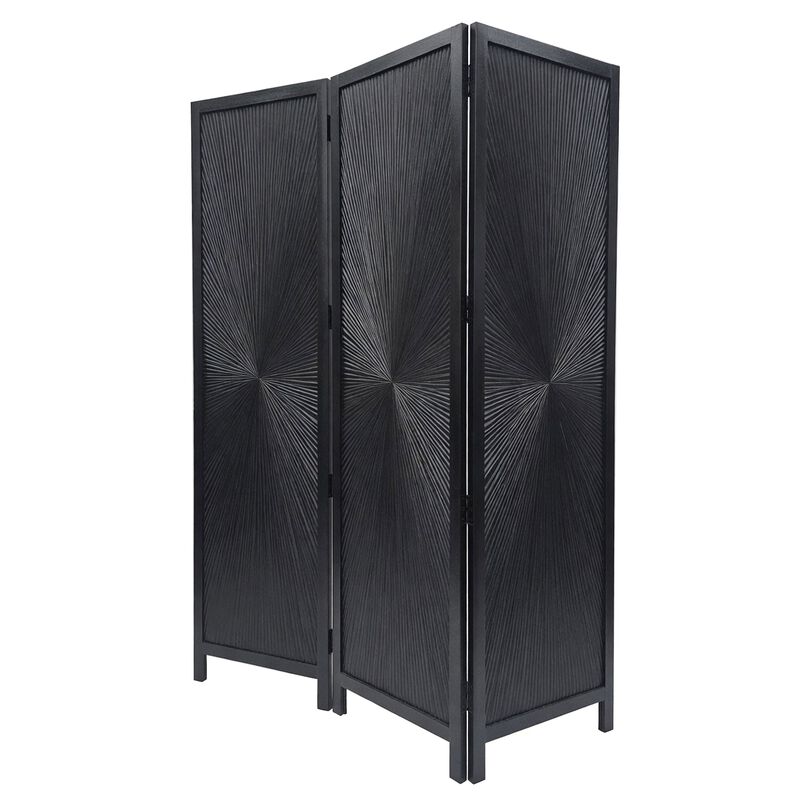 Cava 3 Panel Folding Room Divider Screen, Sunburst Design, Black Mango Wood, 72" H image number 2