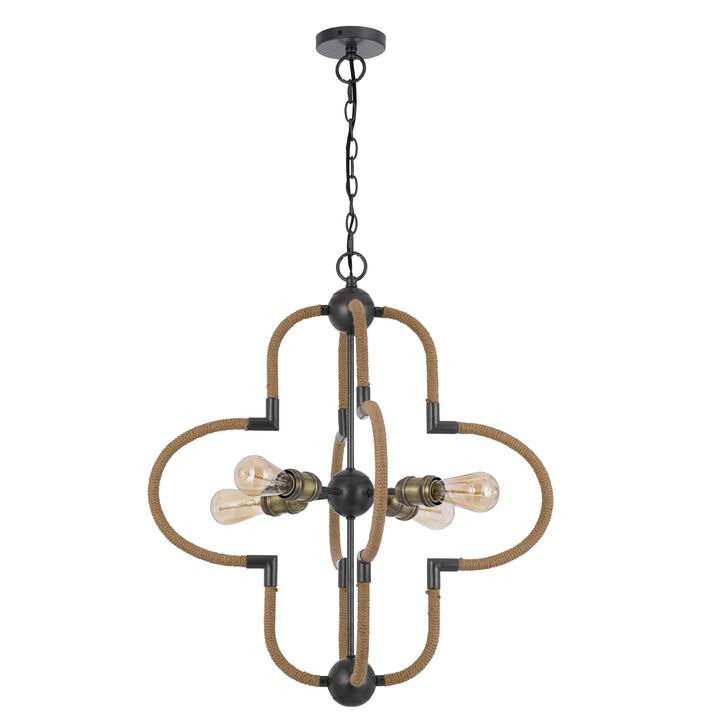 Gemo 25 Inch Chandelier, Crossed Clover Design, Brass Black Metal - Benzara