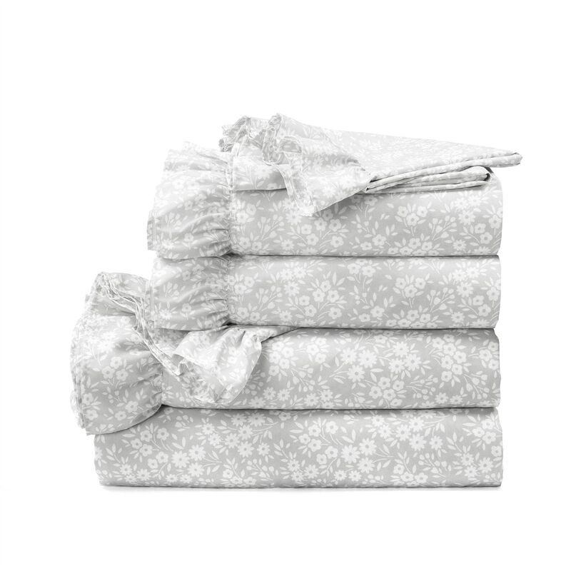 6 Piece Polyester Sheet Set with Ruffle Floral Design for Bedroom Refresh