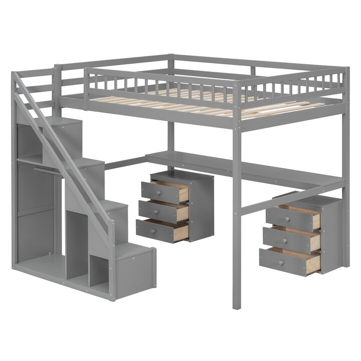 Merax Full Size Loft Bed with Independent Staircase, Desk and LED Lights