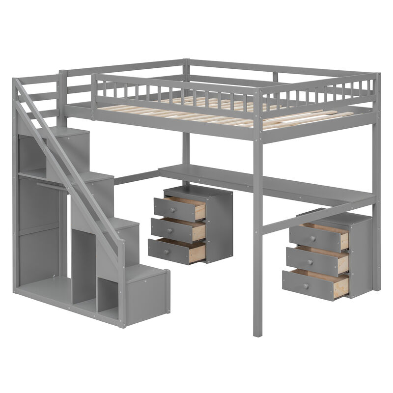 Merax Full Size Loft Bed with Independent Staircase, Desk and LED Lights image number 0