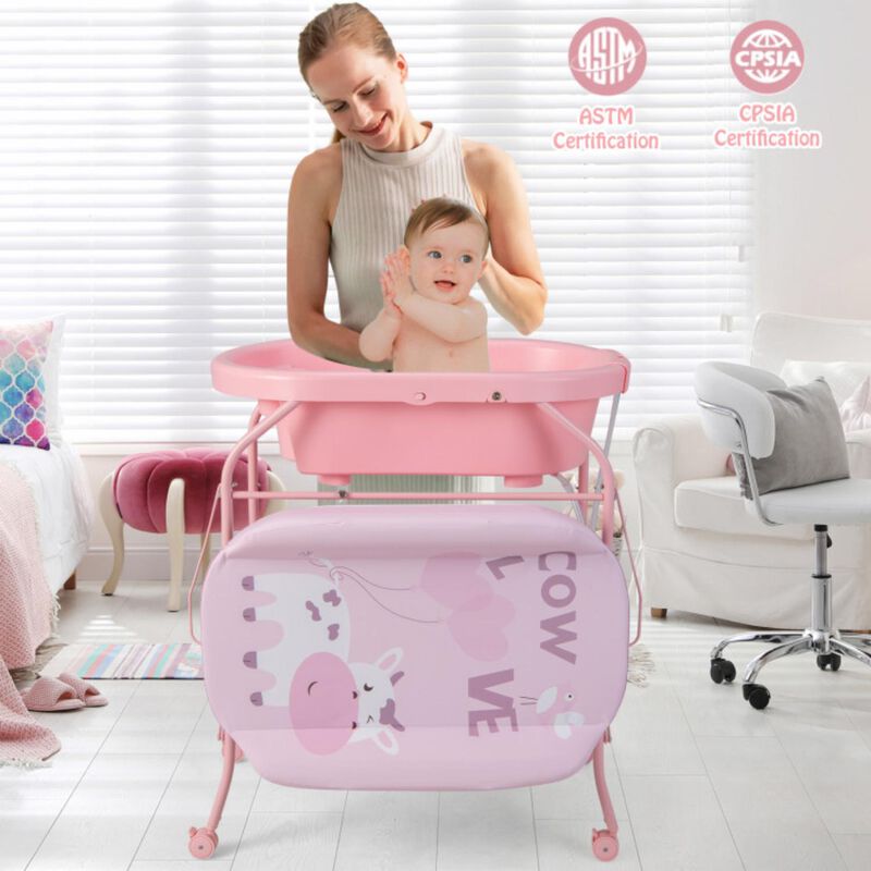 Hivvago Folding Baby Changing Table with Bathtub and 4 Universal Wheels