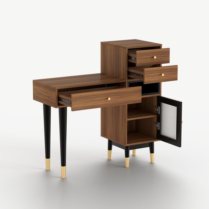 Wooden Makeup Vanity Desk with 3 Drawers, 1 Storage Shelf and 1 Door & Metal Legs for Bedroom, Apartment 39.76", Walnut image number 2