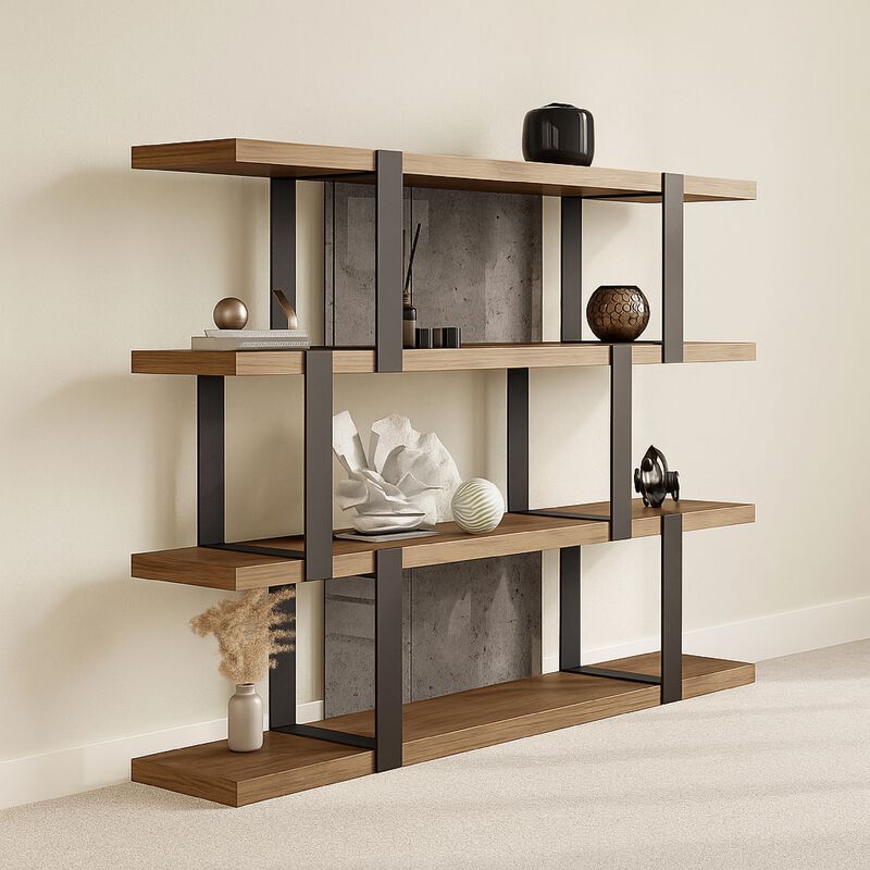 Cid Brow 4 Tier Bookshelf, Black Stainless Steel w Glass Back, 71 Inch