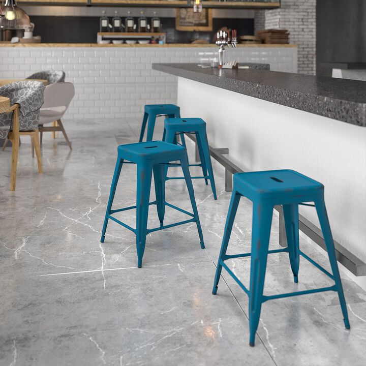 Flash Furniture Commercial Grade 24" High Backless Distressed Antique Blue Metal Indoor-Outdoor Counter Height Stool