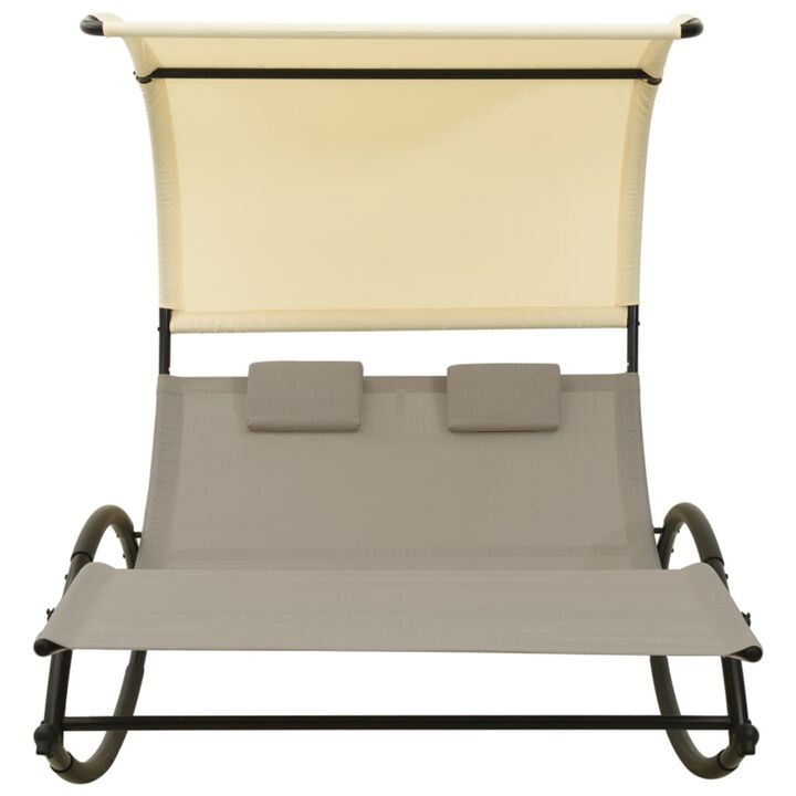 vidaXL Double Sun Lounger with Canopy - Outdoor Sunbed in Taupe and Cream, Breathable Textilene Fabric, Robust Steel Frame with UV-Protection Canopy