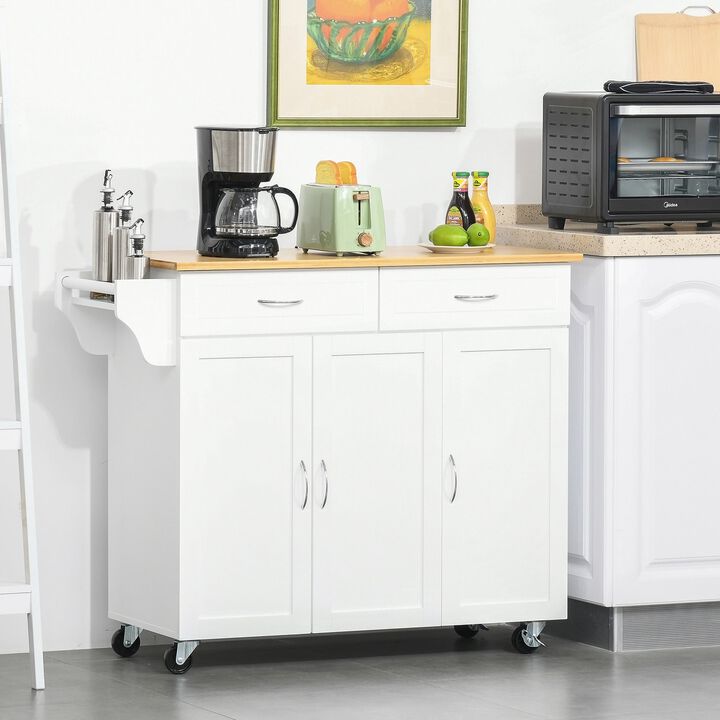 White Kitchen Helper: Mobile Island with Bamboo Top and Storage