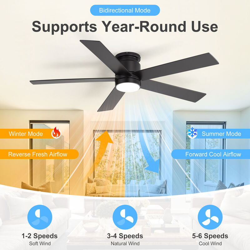 Breezary 52 Inch Low Profile LED Ceiling Fan with App Control, Remote, 5 Plywood Blades image number 2