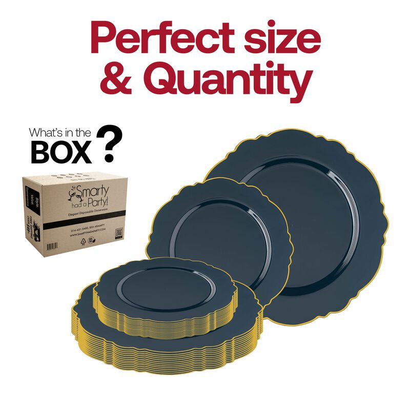 Navy with Gold Rim Round Blossom Plastic Dinnerware Value Set (40 Sets) image number 4