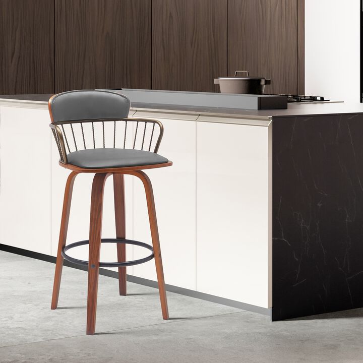 30" Swivel Walnut Wood Bar Stool in Gray Faux Leather with Golden Bronze Metal
