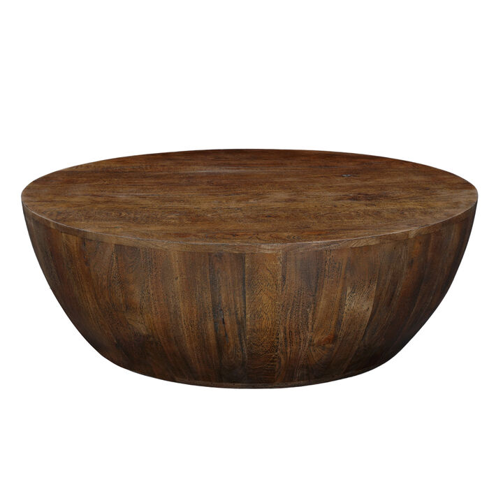 Arthur Coffee Table | 35.5" Round Top | Drum Shaped Sandblasted Walnut Brown Mango Wood