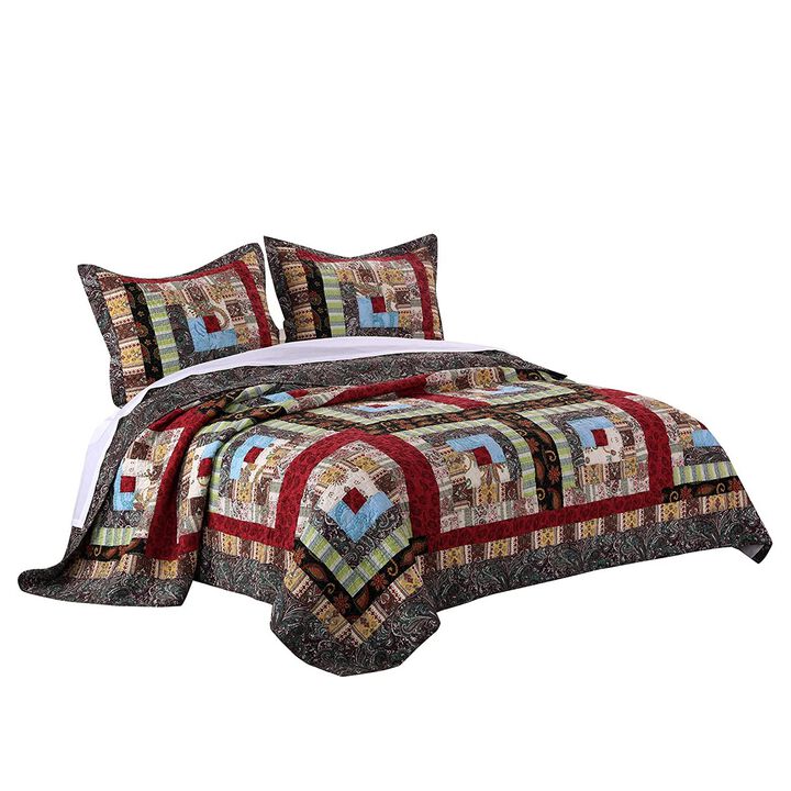 Thames 3 Piece King Size Cotton Quilt Set with Log Cabin Pattern, Multicolor - Benzara