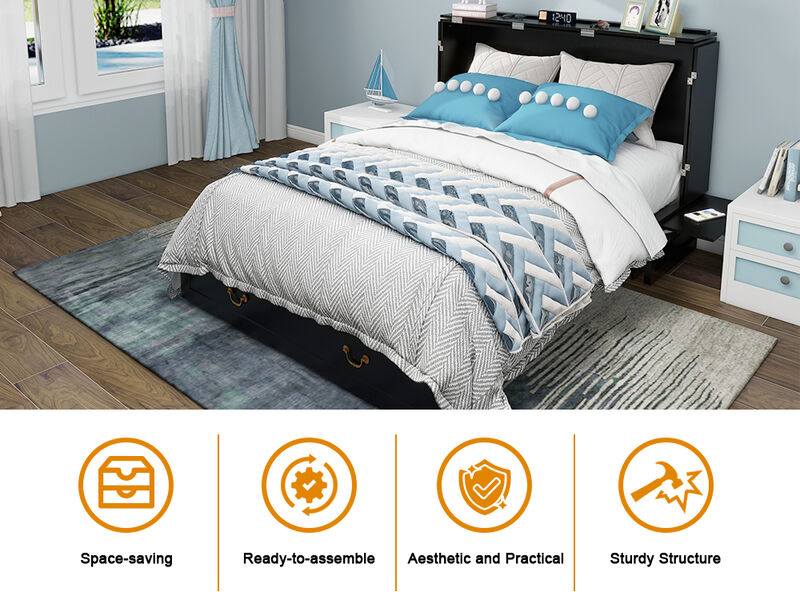 Queen Murphy Bed, Murphy Bed with Drawer Includes Storage Cabinet,USB and Charging Port,Black