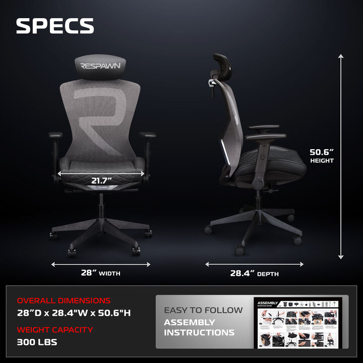 RESPAWN SPIRE Ergonomic Office Chair with Lumbar Support, Headrest, Adjustable Arms and Cooling Gel Seat Cushion, Comfy Breathable Mesh Seat for Home Office, High Back Reclining Gaming Chair
