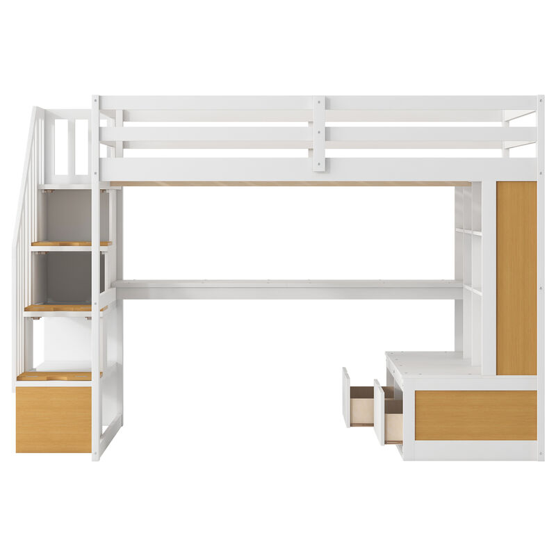 Whisen Full Size Loft Bed with Desk and Shelves, Two Built-in Drawers, Storage Staircase-Natural and White