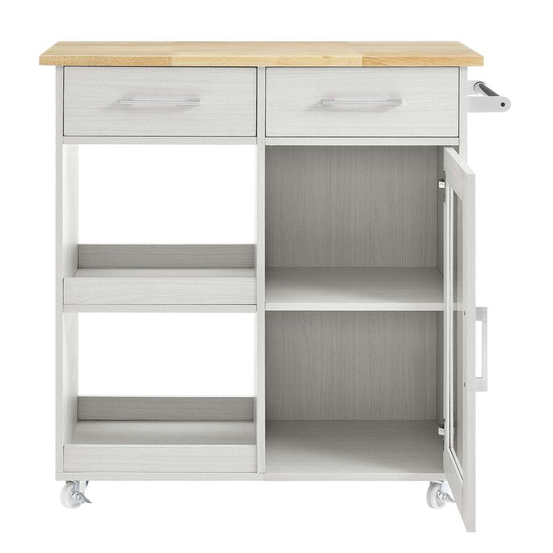 Modway Culinary Rolling Kitchen Cart with Storage in White Natural - 3 Tiers Kitchen Island on Wheels with Towel Bar, Functional as a Coffee Station, Bar Cabinet or Butcher Block Island image number 4
