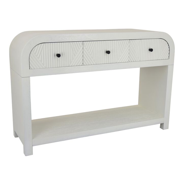 Jack Console Table, White Wood, 3 Drawers and Bottom Shelf, 47 Inch