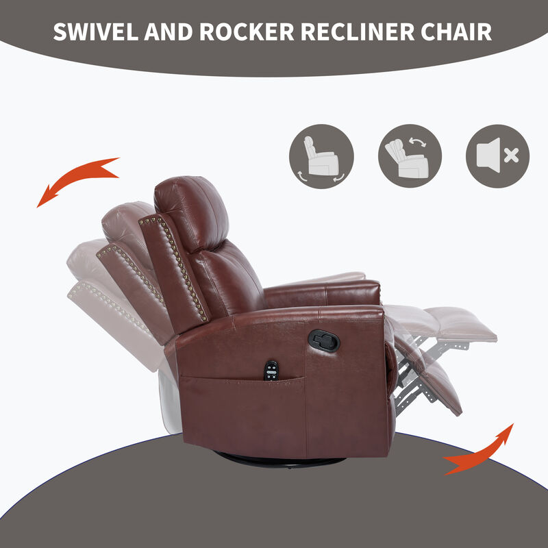 Gnuine Leather Heat Massage Manual Recliner Chair with Rocker and Swivel image number 8