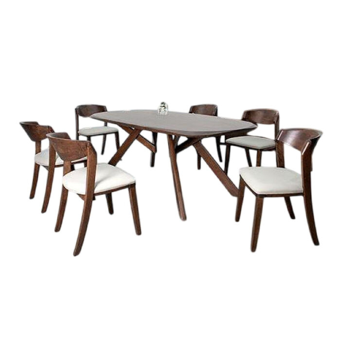 Ziva 7pc Dining Table Set, 6 Ivory Chairs, 3D Edge Brown Solid Wood - Benzara