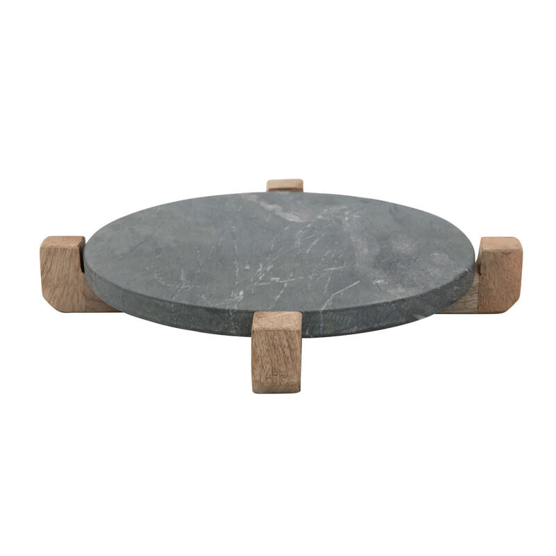 Marble Serving Board with Mango Wood Stand, Black & Natural image number 0