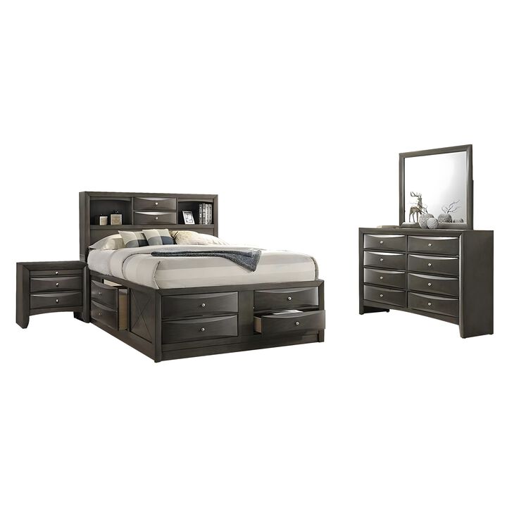 Simo 4pc Queen Bedroom Set w Bookcase Headboard w Drawers, Gray