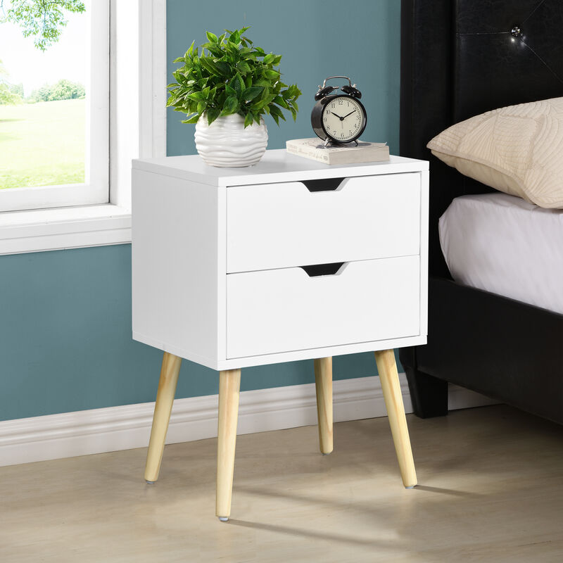 Side Table with 2 Drawer and Rubber Wood Legs, Mid-Century Modern Storage Cabinet for Bedroom Living Room Furniture, White image number 2