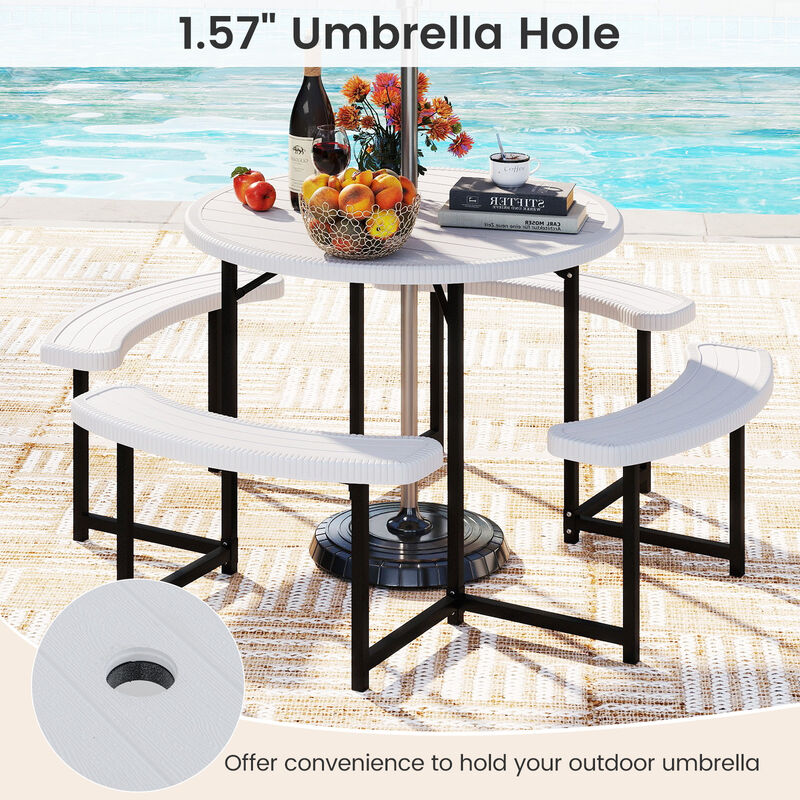 Round Picnic Table Set with 4 Benches and Umbrella Hole &ndash; Outdoor Patio Dining