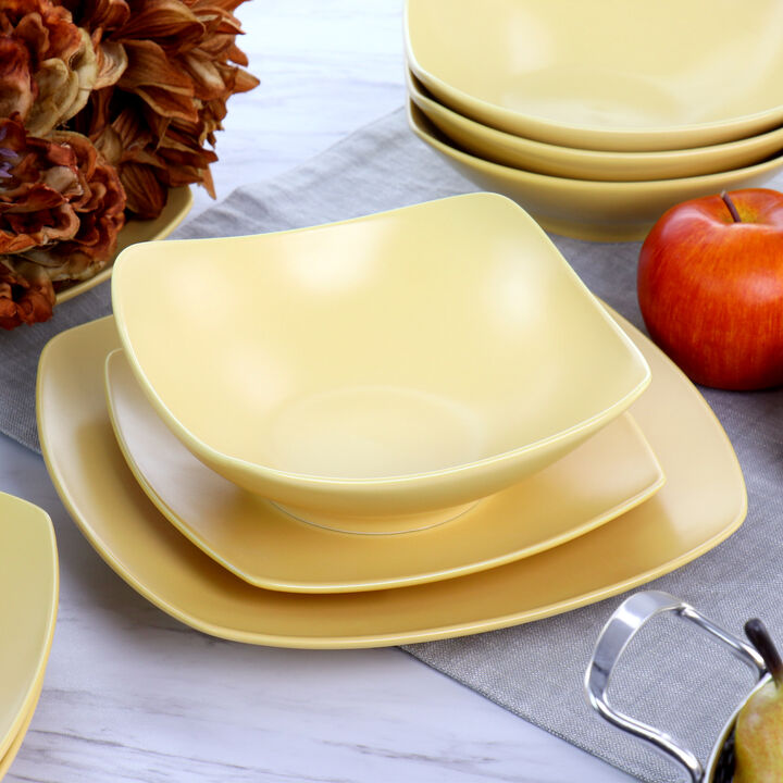 Gibson Home Zen Buffetware 12 Piece Square Fine Ceramic Dinnerware Set in Matte Yellow