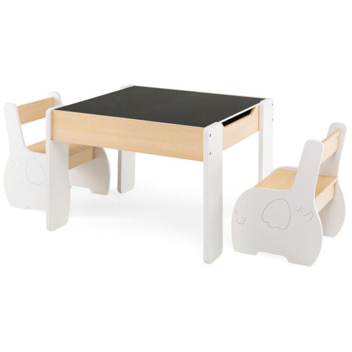 Hivvago 4-in-1 Wooden Activity Kids Table and Chairs with Storage and Detachable Blackboard-White