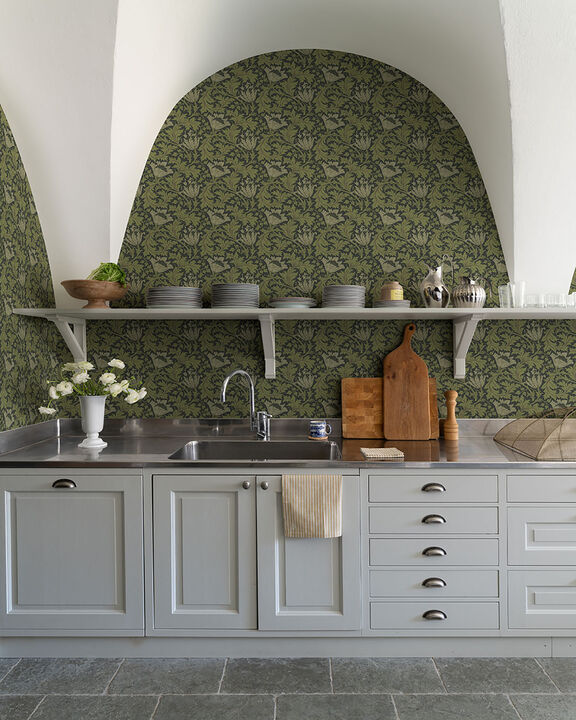 Anemone Dark Green Floral Trail Wallpaper