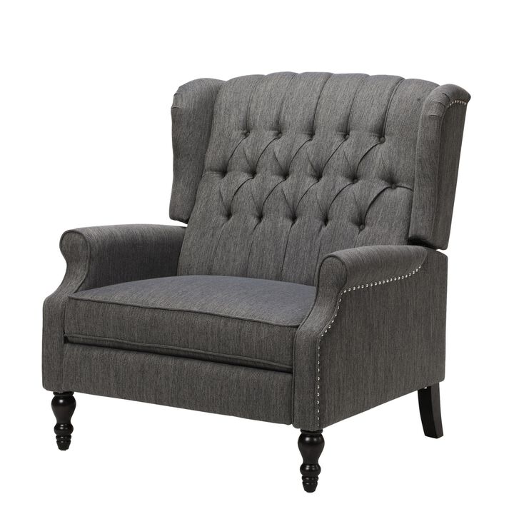 Jade Oversize Wide Chair Manual Recliner, Dark Gray Button Tuft - Benzara
