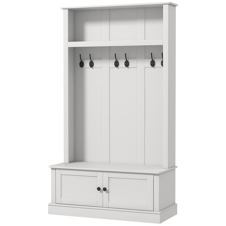 HOMCOM Freestanding Hall Tree, Entryway Bench with Coat Rack, Shoe Cabinet and Top Shelf, Mudroom Bench with Storage and Hooks for Hallway, White