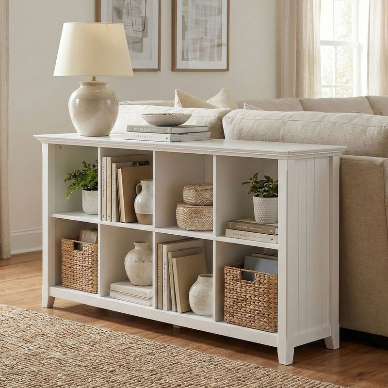 Acadian SOLID WOOD 57 inch Wide Transitional 8 Cube Storage Sofa Table in White image number 1